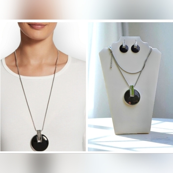 Chico's Silver Snack Chain and Black Enamel Pedant Necklace Earrings Set - Picture 1 of 17